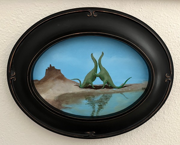 brontosaurus waltz 2024 5x7 image framed acrylic on rag board.jpg