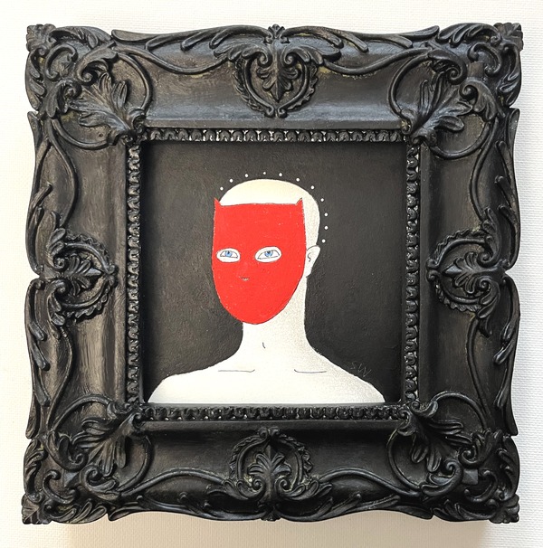 masque 2023 4x4 image framed acrylic and pencil on rag card.jpg